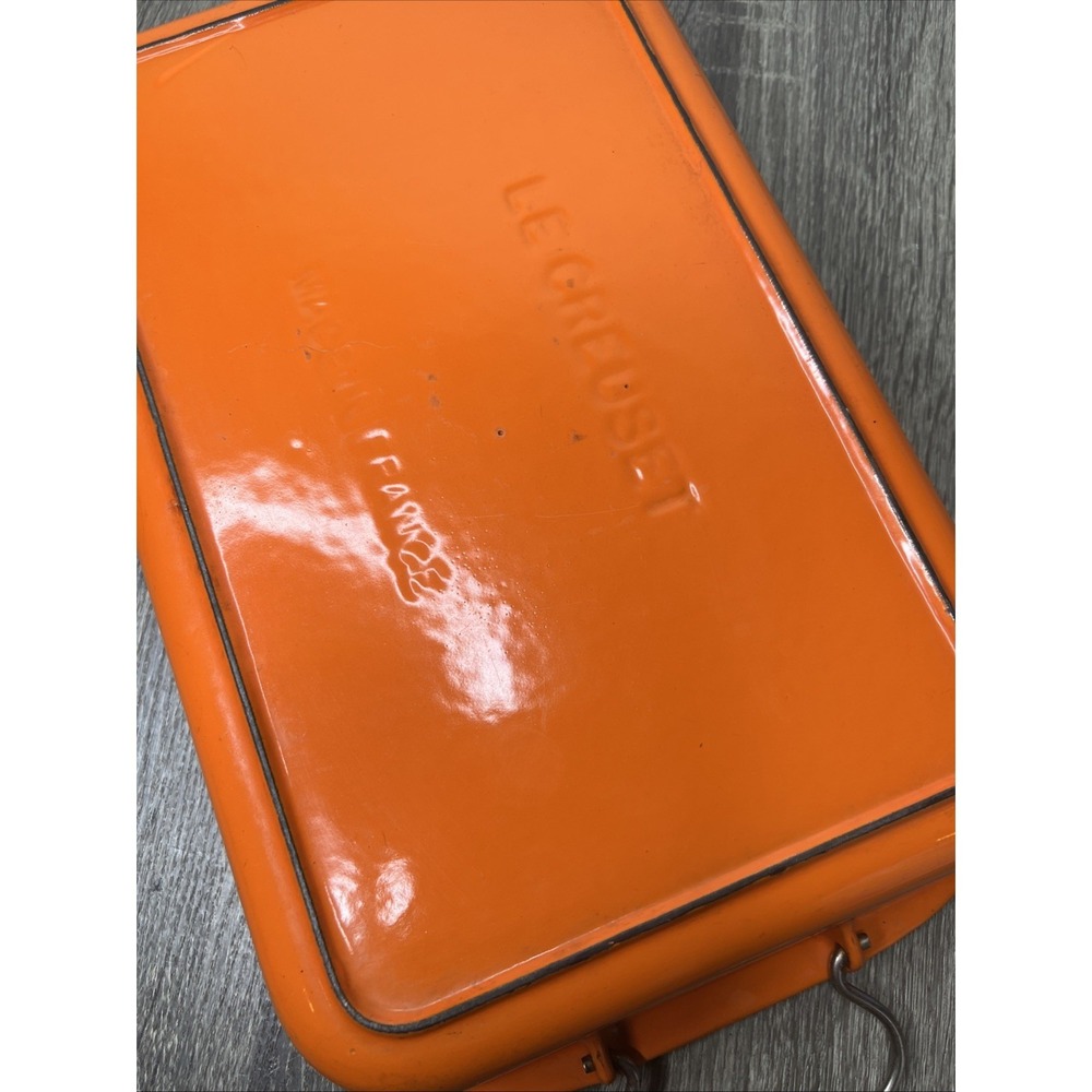 VTG Le Creuset France Orange Casserole Lasagna Pan Enameled Bail Handles Large - Picture 5 of 16